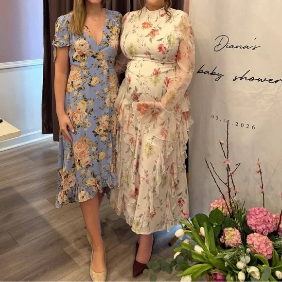 Adjustable Floral baby shower maternity White Dress - Picture 6 of 7